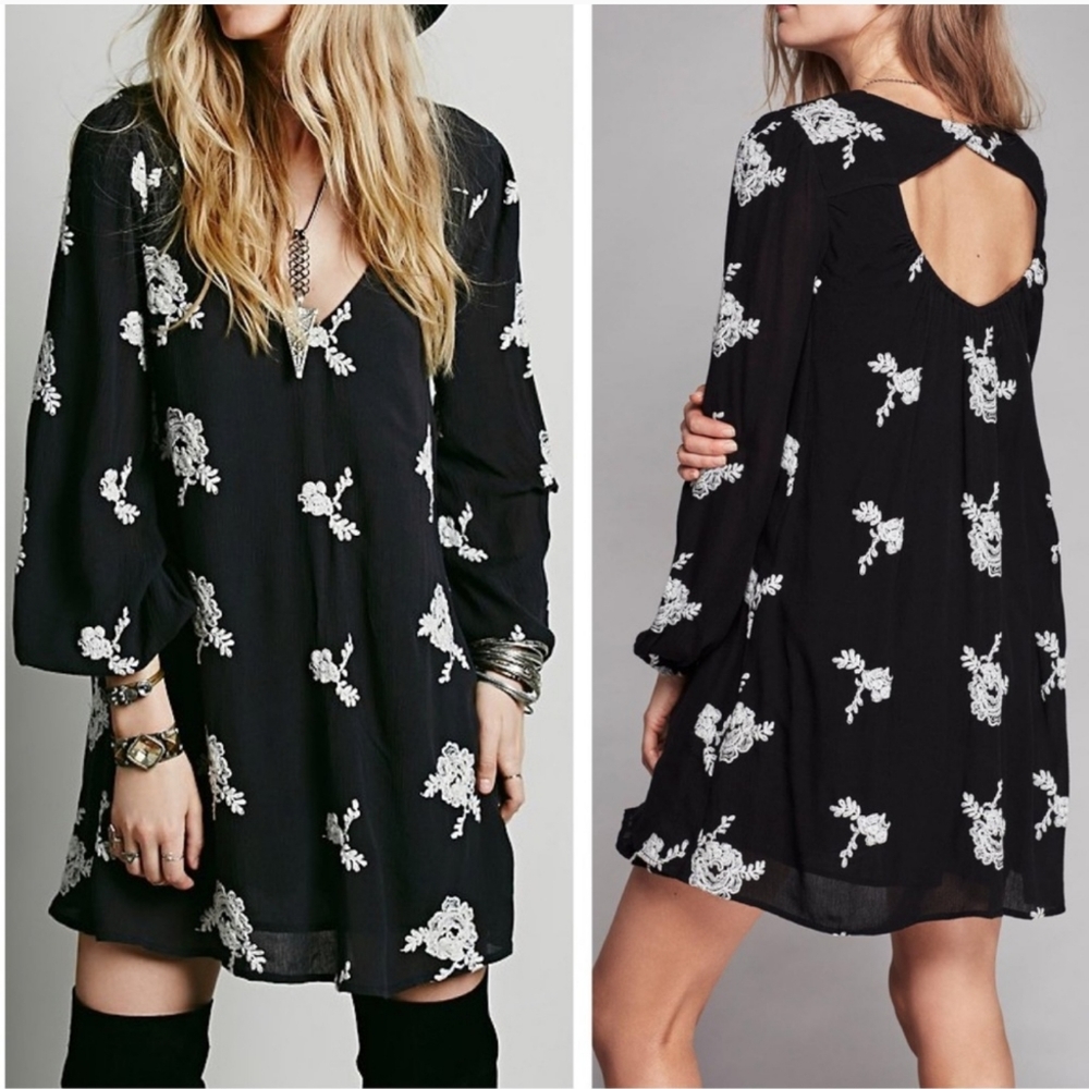 Free People Black Austin Dress Embroidered Medium High Low